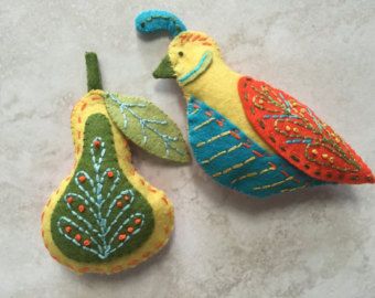 Partridge pear tree | Etsy Felt Partridge, Pear Ornaments, Handmade Felt Ornament, Partridge In A Pear Tree, Embroidered Felt, Felt Embroidery, Pear Tree, Twelve Days Of Christmas, Bird Ornaments