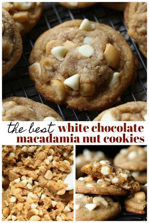 White Chocolate Macadamia Nut Cookies are a thick and buttery cookie recipe, loaded with creamy white chocolate chips and salty macadamia nuts. Browning the butter gives them an extra depth of flavor, and no mixer required! #cookiesandcups #whitechocolate #cookierecipe #macadamianuts #cookies #whitechocolatechip White Chocolate Chip Macadamia Nut Cookies, Bisquick Chocolate Chip Cookies, Macadamia Nut Cookies Recipe, White Chocolate Macadamia Cookies, Chocolate Macadamia Nut Cookies, Best White Chocolate, White Chocolate Macadamia Nut Cookies, White Chocolate Macadamia Nut, Macadamia Cookies