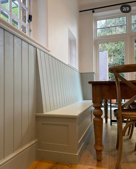 Panelled Bench Seating, Porch Panelling, Wall Bench Dining Room, Built In Seating Kitchen, Corner Entryway Bench, Dinning Room Bench, Built In Bench Kitchen, Built In Dining Bench, Booth Seating In Kitchen