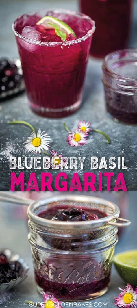 Blueberry Basil Margarita - you will love this sweeter take on the classic cocktail #margarita #tequila #cocktails #drinks #supergoldenbakes Citrus Tequila Drinks, Tequila Wedding Drinks, Basil Alcoholic Drinks, Drinks With Basil Alcoholic, Blueberry Tequila Cocktail, Blueberry Basil Cocktail, Cocktails With Blueberries, Basil Drinks Cocktails, Blueberry Cocktail Recipes