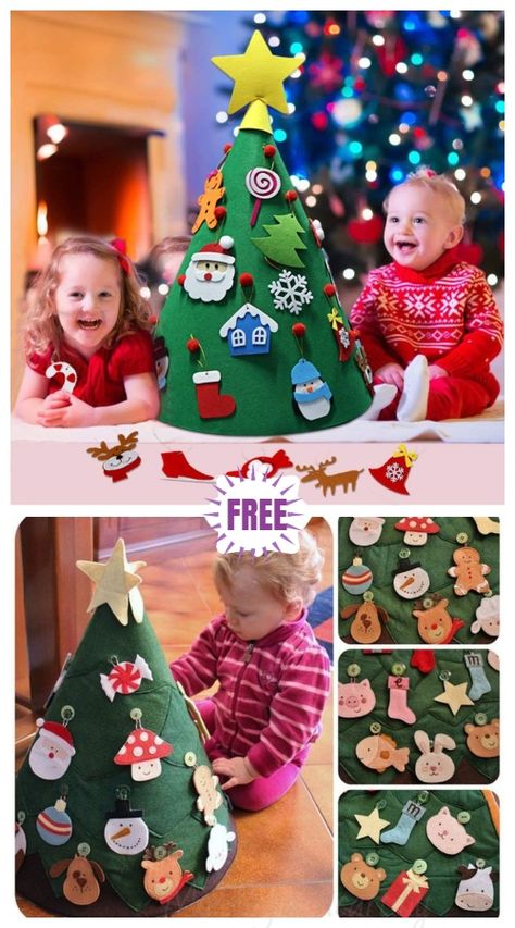 Felt Christmas Ornaments For Kids, Felt Christmas Tree Diy, Diy Kids Christmas Tree, Diy Kids Play, Felt Christmas Tree Pattern, Christmas Tree Tutorial, Christmas Tutorial, Toddler Christmas Tree, Christmas Ornaments For Kids