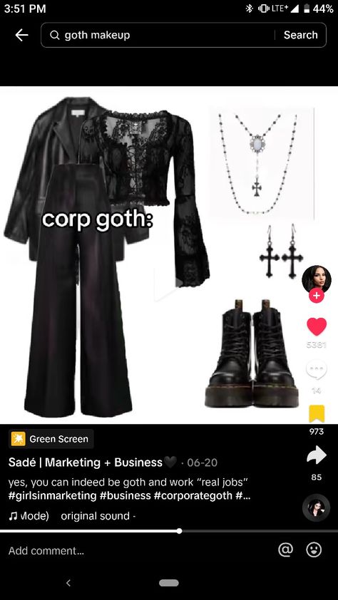 Corp Goth Makeup, Goth Inspiration, Corp Goth, Goth Outfit Inspo, Office Goth, Goth Baddie, Goth Fits, Office Fits, Goth Outfit Ideas