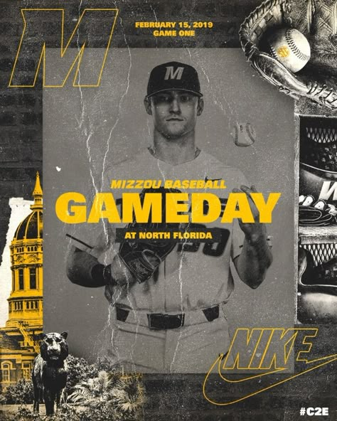 This Missouri Baseball graphic was posted to provide information on that day's game. Baseball Graphics Design, Sport Posters Design, Game Day Graphics Design, Sport Graphic Design Inspiration, Baseball Game Day Graphics, Baseball Graphic Design Poster, Game Day Sports Graphics, Game Day Graphic Design, Hockey Graphic Design