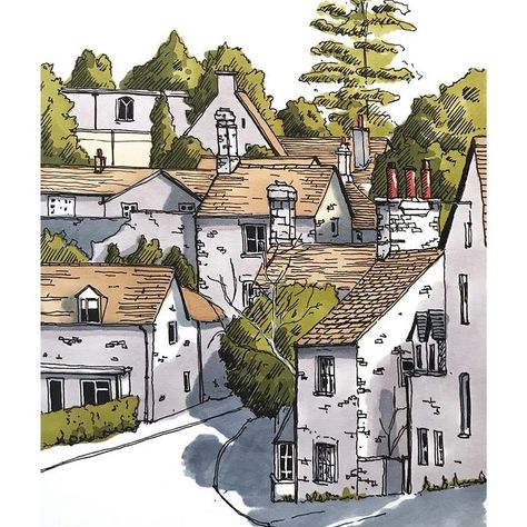 Another one of those places that doesnt need any introduction Ambleside in Cumbria #sketching #drawing #watercolourillustration… | Instagram Places Drawing, Sketching Color, Village Drawing, Fountain Pen Drawing, Colour Architecture, Simple Building, Urban Sketch, Building Drawing, Watercolor Architecture