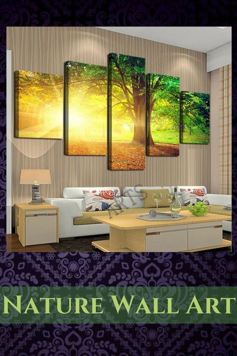 When it comes to nature wall art this is one of my favorites.  Who would not want to see the blazing bright yellow sun casting light upon tall wispy trees laid upon a blanket of lush green grass.  Perfect home wall art decor for living rooms, offices, bedrooms and even kitchens. #nature #wallart #walldecor #decorations #homedecor Sunset Trees, 5 Panel Wall Art, Wall Art Yellow, Yellow Sunset, Natural Forest, Wall Decor Artwork, Nature Wall Decor, Panels Wall, Interior Design Themes