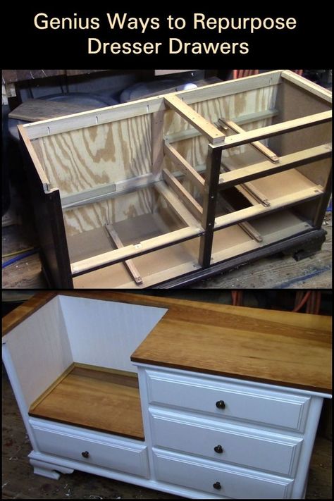 These Clever Repurposing Ideas Will Keep You From Throwing Away Those Old Dresser Drawers Upcycled Dressers Ideas Wood, Repurpose Old Furniture Ideas, Diy Chester Drawers Ideas, Long Dresser Repurposed Ideas, Upcycled Dressers Ideas, Old Drawer Ideas, Dresser Drawers Repurposed, Repurposing A Dresser, Dresser Ideas Diy