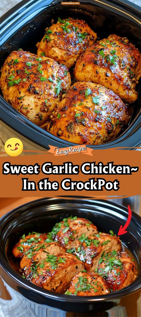 Sweet Garlic Chicken~ In the CrockPot Ninja Food Recipes Crock Pot, Sweet Garlic Chicken Crock Pot, Chicken Dinner Recipes Slow Cooker, Slow Cook Chicken In Oven, Easy Healthy Chicken Recipes Crock Pots, How To Cook Chicken In A Crockpot, Crock Pot Honey Garlic Chicken Thighs, Crockpot Recipes Clean, Stuffed Chicken In Crockpot