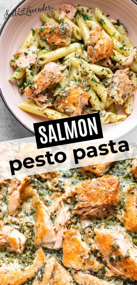 What To Make For Guests For Dinner, Pesto Recipe Dinner, Simple Dinner For Guests, Pesto Recipes Dinner Pasta, Salmon With Pesto Pasta, Salmon And Pasta Dinner Ideas, What To Put Pesto On, Easy Dinner Recipes For Guests, Dinner Ideas With Pesto