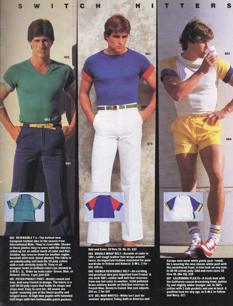 International Male Catalog Spring c. 1980 The tight top on the muscles and on the groin of the pants is 20th century male fashion. Big Men Summer Fashion, 80s Fashion Men Outfits, Mens 80s Fashion, 80s Outfits Men, 80s Mens Fashion, 1980s Outfits, 80s Fashion Men, 1980s Fashion Trends, Mens 80s