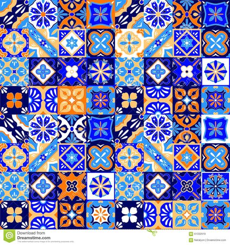 Mexican Stylized Talavera Tiles Seamless Pattern In Blue Orange And White, Vector - Download From Over 55 Million High Quality Stock Photos, Images, Vectors. Sign up for FREE today. Image: 61332919 Patchwork Tiles, Blue Orange White, Mexican Tile, Talavera Tiles, Paper Background Texture, Tiles Texture, Seamless Textures, Coca Cola Vintage, Beautiful Tile