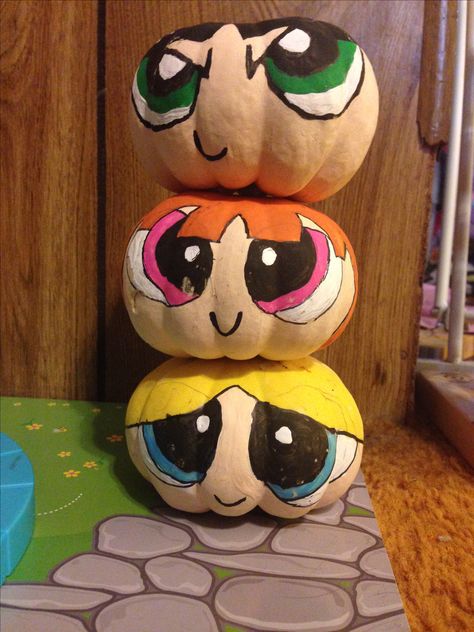 Power Puff Girl Pumpkins 2016 Pumpkin Painting Ideas Group Of 4, Painted Pumpkins Cartoon Character, Care Bear Pumpkin Painting, Painted Pumpkin Ideas For Kids, Diy Pumpkins Painting, Cute Painted Pumpkin Ideas, Pumpkin Inspo, Disney Pumpkin Painting, Power Puff Girl