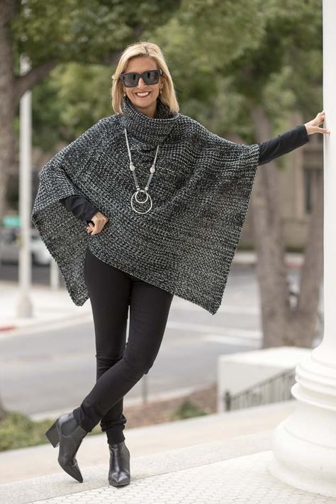 On my blog today two new sweater knit pull on ponchos styled with a great black top and necklace. All available in our shop. www.jacketsociety.com Jacket Society, Shawl Ideas, Poncho Outfit, Poncho Jacket, Fall Attire, Cashmere Poncho, New Sweater, Knitted Cape, Poncho Pattern