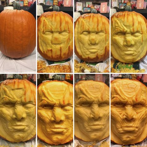 Artist Carves GOT Night King In Pumpkin Realistic Pumpkin Carvings, Pumpkin Carving Art, Pumpkin Mouth, Halloween Pumpkin Images, 3d Pumpkin Carving, Pumpkin Sculpting, Pumpkin Sculpture, Pumpkin Masters, Jurassic Park Series