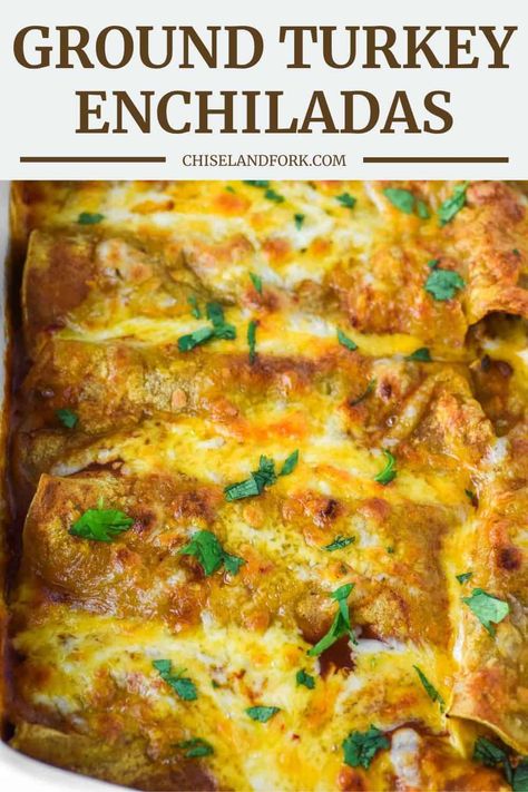 These ground turkey enchiladas offer a swift and effortless twist on the traditional Mexican favorite and is ready in less than 40 minutes. #groundturkeyenchiladas #turkeyenchiladas #enchiladas | chiselandfork.com Flour Tortilla Enchiladas, Ground Turkey Enchiladas, Mexican Enchiladas, Turkey Enchiladas, Chicken Mole, Red Enchiladas, Red Enchilada Sauce, Enchilada Recipes, Pepper Jack Cheese