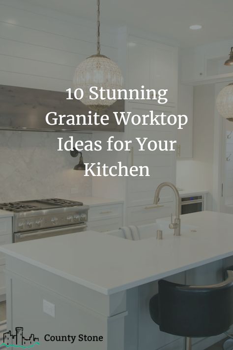 Add durability and elegance to your kitchen with these granite worktop ideas! From classic white to unique patterns and colours, find the perfect fit for your style. #graniteworktop #kitchenremodel #kitcheninspiration #kitchendesign #interiordesign #kitchenideas #countertop #remodel #homedecor #homedesign #kitchenrenovation Kitchen Worktops Ideas, Kitchen Worktop Ideas, White Cabinets Black Granite, Granite Benchtop, Worktop Ideas, Countertop Remodel, Granite Worktop Kitchen, White Worktop, Types Of Granite