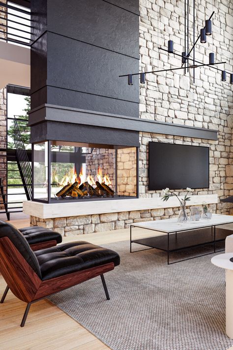 4 Way Fireplace, Double Sided Freestanding Fireplace, Double Sided Fireplace Living Room Dining Room, Double Room Fireplace, Double Sided Modern Fireplace, Backside Of Fireplace Ideas, 360 Fireplace Living Rooms, Fireplace Side Bench, Diy Double Sided Fireplace