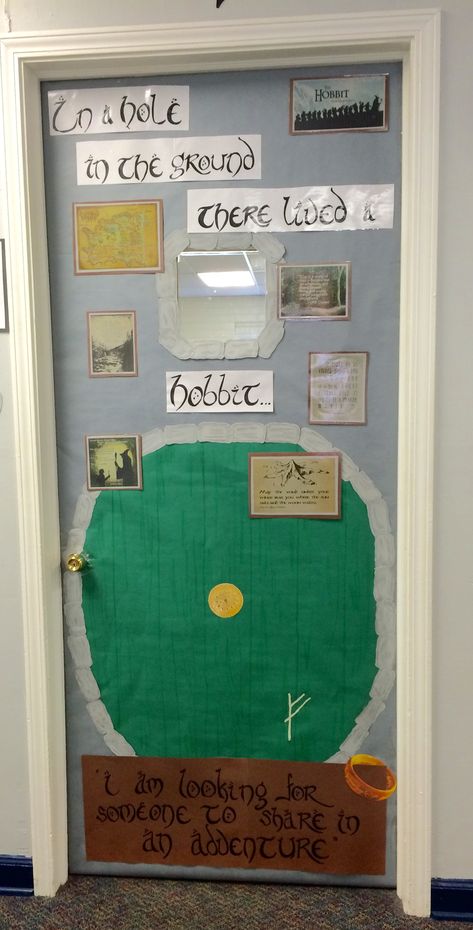 Hobbit classroom Hobbit Classroom Door, Teaching The Hobbit, Lord Of The Rings Themed Classroom, The Hobbit Classroom Decor, Lord Of The Rings Bulletin Board, Hobbit Classroom Theme, Fantasy Classroom Decor, Lord Of The Rings Classroom, Hobbit Decorations