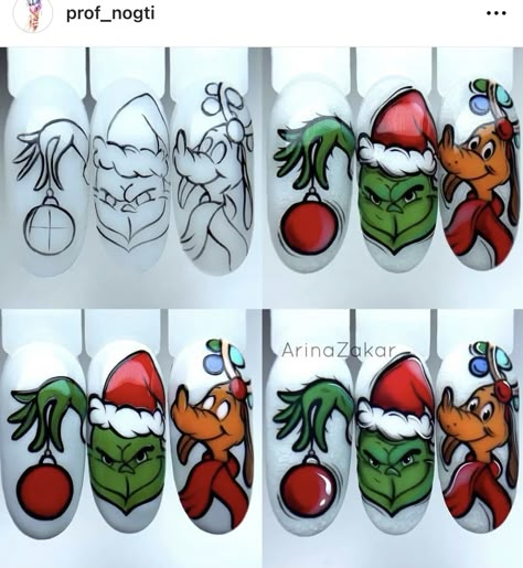 Max Grinch Dog Nails, Grinch Nail Art Step By Step, The Grinch Nail Art Tutorial, Christmas Nails Drawing, Grinch And Max Nails, Grinch Nail Art Designs, The Grinch Nail Designs, Step By Step Christmas Nail Art, Christmas Nails Grinch Art Designs