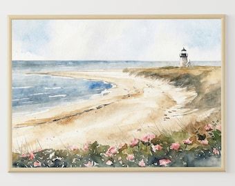 Cape Cod Art, Massachusetts Seaside Watercolor Painting, Beach Print, Beach House Wall Decor, Seaside Wildflowers Artwork, Travel Poster - Etsy Cape Cod Watercolor, Path Artwork, Cape Cod Painting, Beach Journal, Coastal Watercolor, Cod Art, Beach House Wall Decor, House Wall Decor, Lighthouse Art