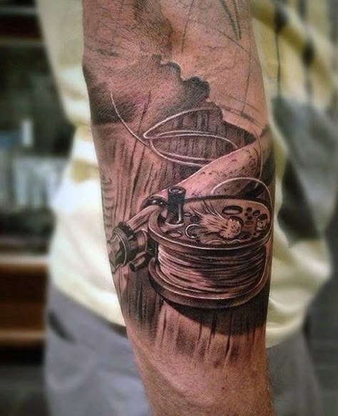 Fishing Sleeve Tattoo, Fly Fishing Tattoos, Fishing Pole Tattoo, Tattoos Fishing, Outdoor Tattoos, Fisherman Tattoo, Trout Tattoo, Fly Fishing Tattoo, Fishing Tattoos