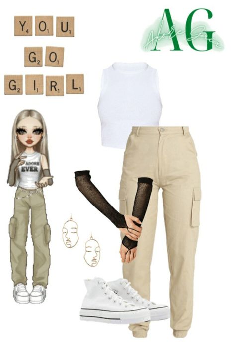 White Platform Converse, Tan Cargo Pants, Platform Converse, White Platform, Arm Sleeves, Pants White, Outfit Maker, Arm Sleeve, White Tank Top