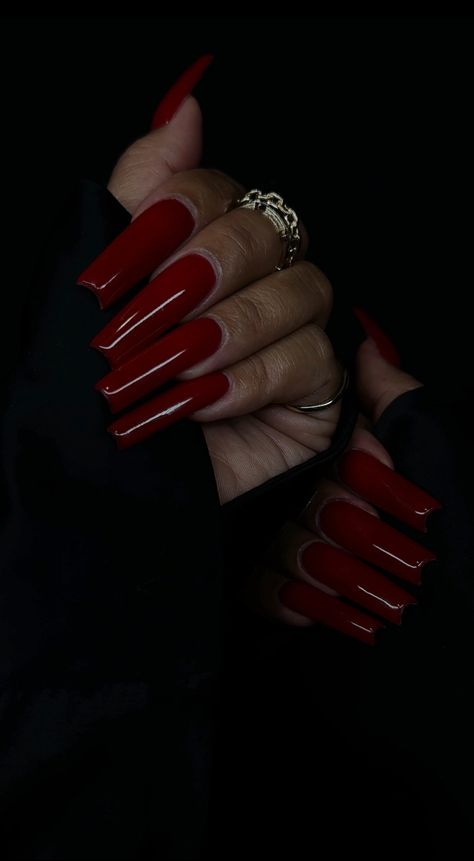 Long Red Square Nails, Red Outline Nails, Red Outlined Nails, Red 90s Nails, 90s Nails, Long Red Nails, Tapered Square Nails, Red Acrylic Nails, Tapered Square