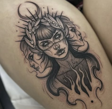 3 Faced Goddess Tattoo, Nyx Goddess Tattoo Design, Three Faced Goddess Tattoo, Hekate Tattoo Design, Enchantress Tattoo Design, Hecate Tattoo Ideas, Hekate Drawing, Lillith Goddess Tattoo, Circe Goddess Tattoo