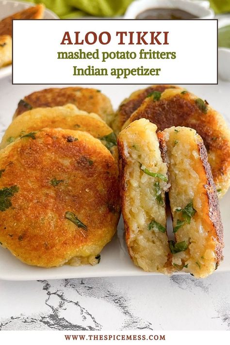 These aloo tikkis are a classic appetizer – mashed potato patties that are crispy and soft on the inside. Use them as a vegetarian burger or dip it in your favorite chutney for the perfect Indian appetizer anytime! Indian Appetizers Vegetarian, Aloo Tikki Chaat Recipe, Mashed Potato Fritters, Pakistani Snacks, Pakistani Dinner, Easy Indian Appetizers, Indian Sides, Aloo Tikki Recipe, Mashed Potato Patties