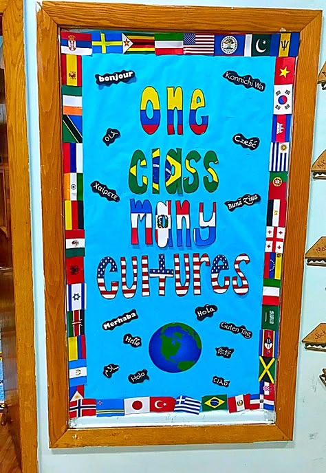 I would like to have this somewhere in my classroom set up to show my students that I value our differences and their experiences. I also intend to have my students understand and believe that cultures are to be valued and are always important. Pyp Classroom Door Decoration, Where In The World Bulletin Board, Multicultural Posters For Classroom, Diversity Board Classroom, Heritage Bulletin Board Ideas, Esl Classroom Door Decorations, International Classroom Theme, Culture Classroom Theme, Celebrate Diversity Bulletin Board