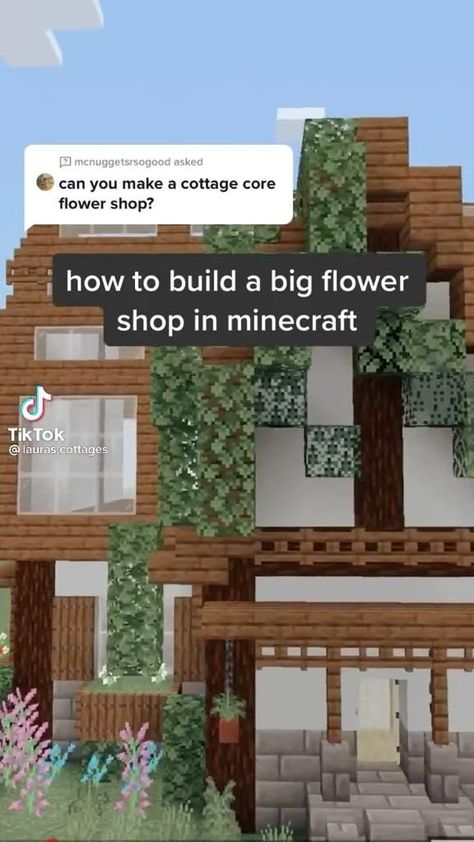 Cute Cottages Minecraft, Minecraft House Designs Cottage, Mincraft Idea Cottage, Cute Minecraft Shop Builds, Aesthetic Minecraft Shop Ideas, Mincraft Idea Houses Cute Cottage, Cute Minecraft Flower Shop, How To Build A Minecraft Cottage, Minecraft Building Ideas Flower Shop