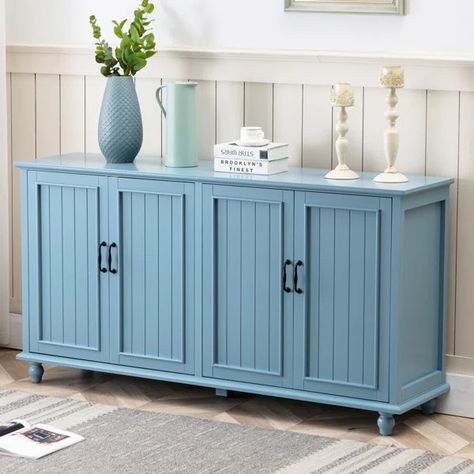 Aristil 62.2'' Wide Sideboard Blue Sideboards And Buffets, Coastal Sideboard, Blue Buffet Sideboard, Frame Paneling, Coastal Tv Stand, Vertical Slats, Storage Sideboard, Blue Sideboards, Server Cabinet