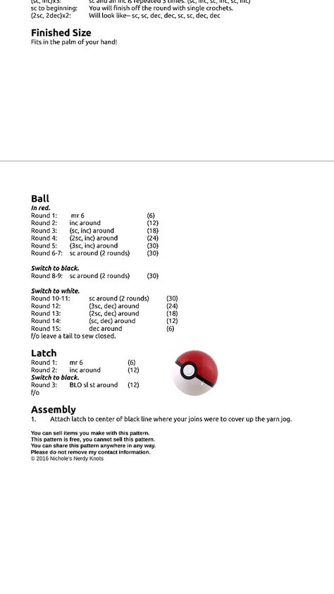 Poke ball Crochet Poke Ball Free Pattern, Poke Ball Crochet Pattern, Crochet Pokeball Pattern Free, Crochet Pokemon Ball, Pokeball Crochet Pattern, Crochet Pokeball, Ball Crochet Pattern, Pokeball Pattern, Crochet Pokemon