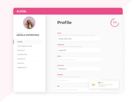 Dribbble settings page dashboard user interface profile notification form settings dribbble daily ui User Profile Web Design, Web Design Profile, Web Profile Design, Profile Page Web Design, Profile Ui Web, User Profile Design, User Profile Ui Design, Profile Page Ui, Profile Page Design