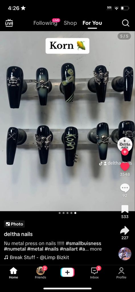 Deftones Nails Ideas, Deftones Inspired Nails, Metal Head Nails, Korn Nail Ideas, Korn Band Nails, Korn Nail Art, Rock Band Nails, Korn Nail, Guitarist Nails