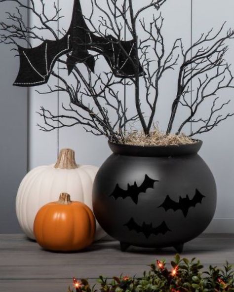 Black Cauldron Halloween Decor, Cauldron Planter Ideas, Cauldron Decoration Ideas, Target Halloween Decor, Cauldron Planter, Porch Planter, Black Cauldron, Target Halloween, Porch Planters