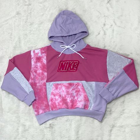 reworked one of a kind Nike patchwork hoodie sweats upcycled sustainable streetwear thrift flip eco friendly shopping fashion pink tie dye lavender Patchwork Thrift Flip, Thrift Flip Hoodie, Thrifted Hoodies, Upcycled Hoodies, Reworked Sweater, Sustainable Streetwear, Dope Sweaters, Upcycle Fashion Diy, Upcycled Hoodie