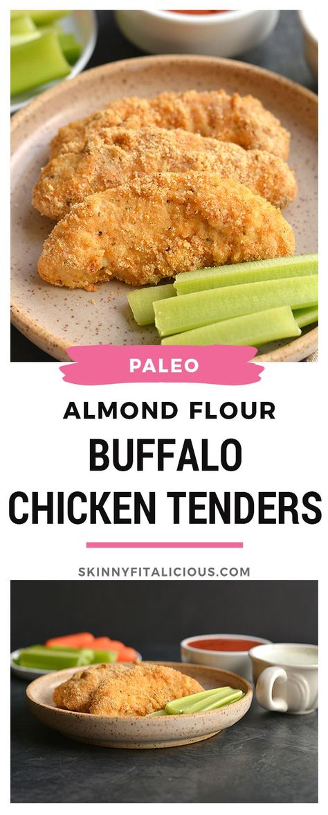 Low Carb Almond Flour Buffalo Chicken Tenders! A 30-minute, high protein meal! #highprotein #paleo #almondflour #chickentenders #buffalo #skinnyfitalicious #lowcarb #dinner #healthy Almond Flour Chicken, Paleo Chicken Tenders, Gluten Free Chicken Tenders, Flour Chicken, Buffalo Chicken Tenders, Healthy Low Calorie Recipes, Low Calorie Chicken, Chicken Tender, Best Low Carb Recipes