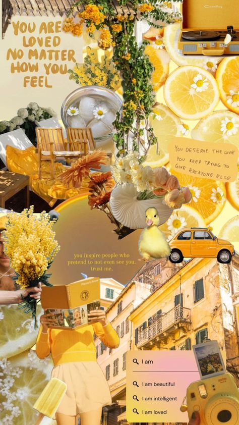 yellow themed affirmation collage Affirmation Collage, Yellow Collage, Funny Lock Screen Wallpaper, Positive Wallpapers, Yellow Theme, Art Shelves, I Am Beautiful, Yellow Wallpaper, Creative Home Decor