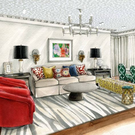 Living Room by Julia Smolkina Interior Design Renderings, Drawing Interior, Interior Architecture Drawing, Interior Design Drawings, Custom House Portrait, Interior Design Sketches, Interior Sketch, Interior Illustration, Interior Rendering