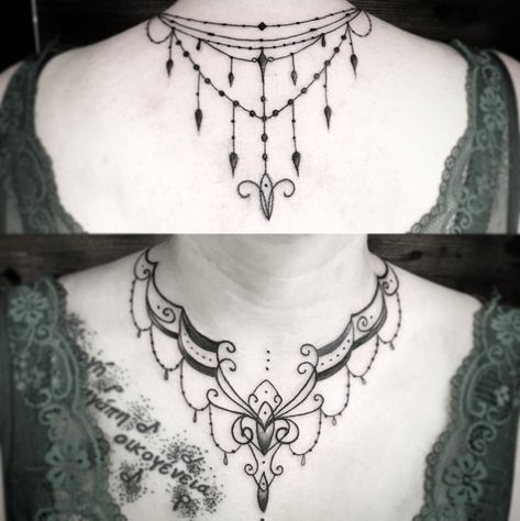 Necklace Tattoo Women Neck, Tattoo Necklace For Women, Choker Tattoos Women, Necklace Tattoos Women, Necklace Tattoo Women, Pretty Neck Tattoos Women, Filigree Tattoos, Necklace Tattoos, Jewlery Tattoo