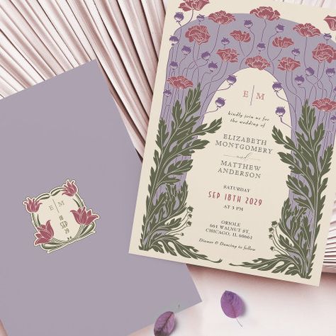 $3.32 | Purple Vintage Art Nouveau Violet Floral Wedding | Wedding Invitations | art nouveau wedding invitations, art deco wedding invitations, vintage floral wedding invitations, rose gold wedding invites, olive green wedding stationery, 1920s inspired wedding cards, floral art deco invites, green wedding invitations, purple wedding invitations, lavender wedding invitations Olive And Lavender Wedding, Purple Wedding Invitations Elegant, Purple Wedding Invites, Rose Gold Foil Invitations, Art Nouveau Wedding Invitation, Vintage Floral Wedding Invitations, Vintage Floral Wedding, Wedding Lavender, Lavender Wedding Invitations