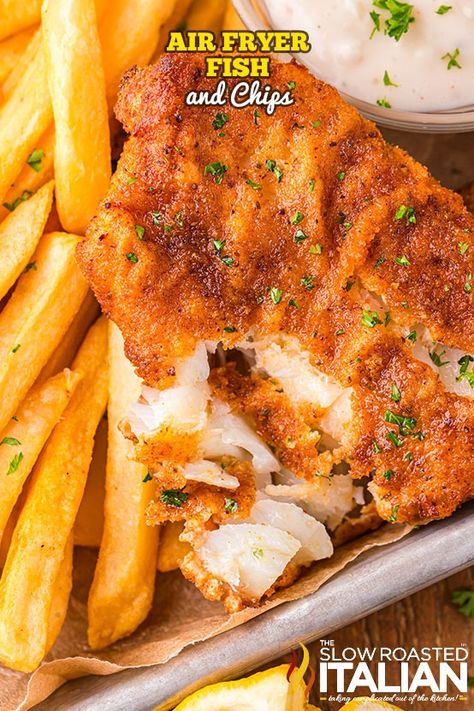 Air Fryer Fish and Chips - The Slow Roasted Italian Air Fryer Fish And Chips, Air Fried Fish, Fish N Chips Recipe, Slow Roasted Italian, Deep Fried Recipes, Fried Tilapia, Potato Chip Recipes, Air Fryer Fish, The Slow Roasted Italian