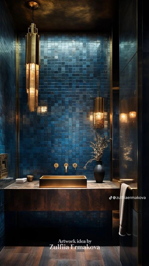 Masculine Restroom, Dark Blue And Gold Bathroom, Dark Blue Toilet, Gold And Navy Bathroom, Blue And Gold Bathroom, Dark Blue Bathroom, Bathroom Tile Design Ideas, Dark Blue Tile, Quotes Husband