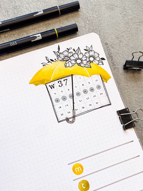 Weekly Planner Drawing Ideas, Journaling Drawings Doodles, Drawing Notebook Ideas, Bujo Rain Theme, Whimsical Journal, Autumn Bullet Journal Ideas, Rain Bullet Journal, Jurnal Bullet Ideas October, October Spread Bullet Journal