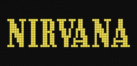 A pixel art template of the Nirvana logo (text) in colour, yellow on black. Nirvana Alpha Pattern, Perler Bead Band Logos, Nirvana Perler Beads, Lovejoy Pixel Art Grid, Band Logo Pixel Art, Deftones Pixel Art, Album Cover Pixel Art Grid, Album Covers Pixel Art, Cool Pixel Art Grid