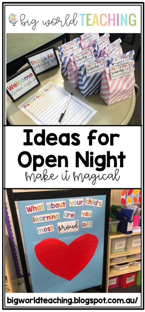 Big World Teaching: Ideas for an Open Night (Open House)! Open House Ideas For Special Ed Teachers, Parent Night Ideas For Teachers, Open House Ideas For Teachers, Open House Kindergarten, Preschool Orientation, Open House Gifts, Open House Activities, Open House Ideas, Open House Gift