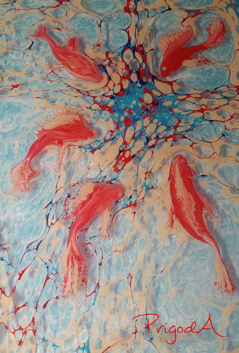 Paper Marbling, Ebru Art, Shading Drawing, Water Marbling, Water Marble, Animal Drawings Sketches, Turkish Art, Marble Art, Red Fish