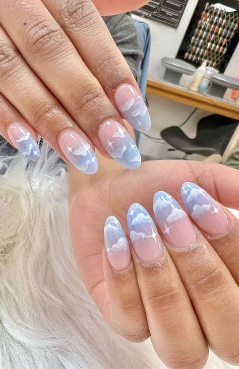 ombre blue and pink cloud nails, cloud nails, blue cloud nails Pink Cloud Nails, Pink Blue Nails, Lilac Nails Design, Disney Nail Art, Cloud Nails, Blue Ombre Nails, Baby Blue Nails, Lilac Nails, Sky Nails