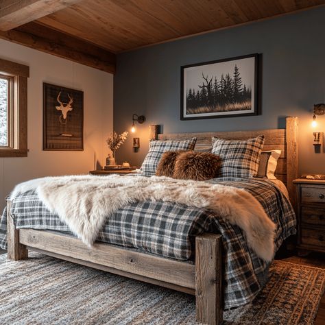 Transform your bedroom into a autumn retreat with our rustic fall makeover guide. Discover warm colors, textures, and decor ideas for the ultimate cabin vibes. Master Bedrooms Decor Mountain, Rustic Guys Bedroom, Northwoods Bedroom Ideas, Rustic Cabin Bedroom Master Suite, Western Ranch Bedroom, Pendleton Interior Design, Western Cabin Bedroom, Mountain Home Master Bed, Rustic Master Bedrooms Decor Cozy Cabin