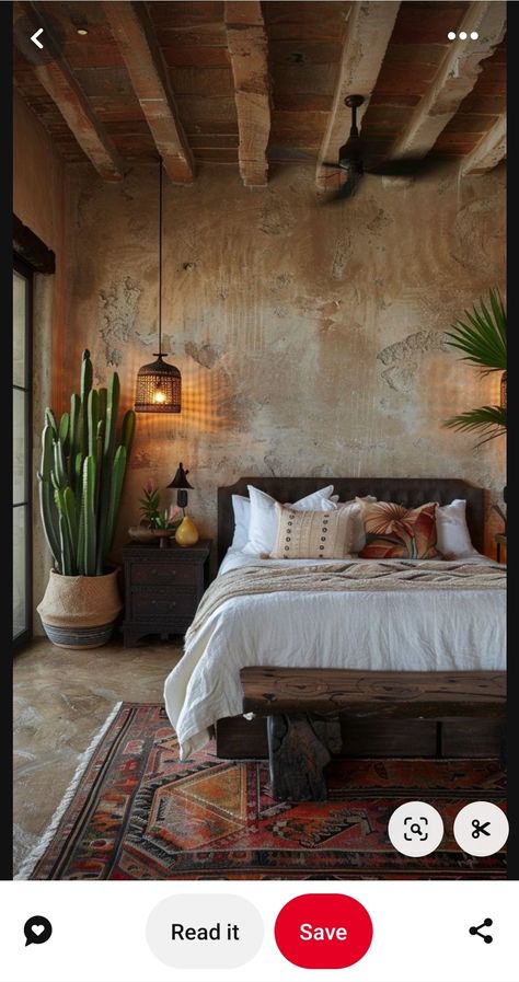 Modern Mexican Living Room, Hacienda Interior Design, Mexican Living Room, Modern Hacienda, Modern Boho Bedroom, Earthy Bedroom, Accent Wall Bedroom, Vintage Bedroom, Living Room Green